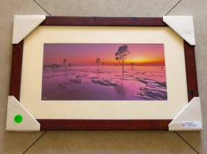Silhouetted against a vibrant purple sunset. Panoramic style, framed in "jarrah" colour.