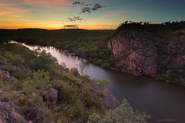 The start of Katherine Gorge, where the Katherine River begins flowing through the ancient sandstone walls 